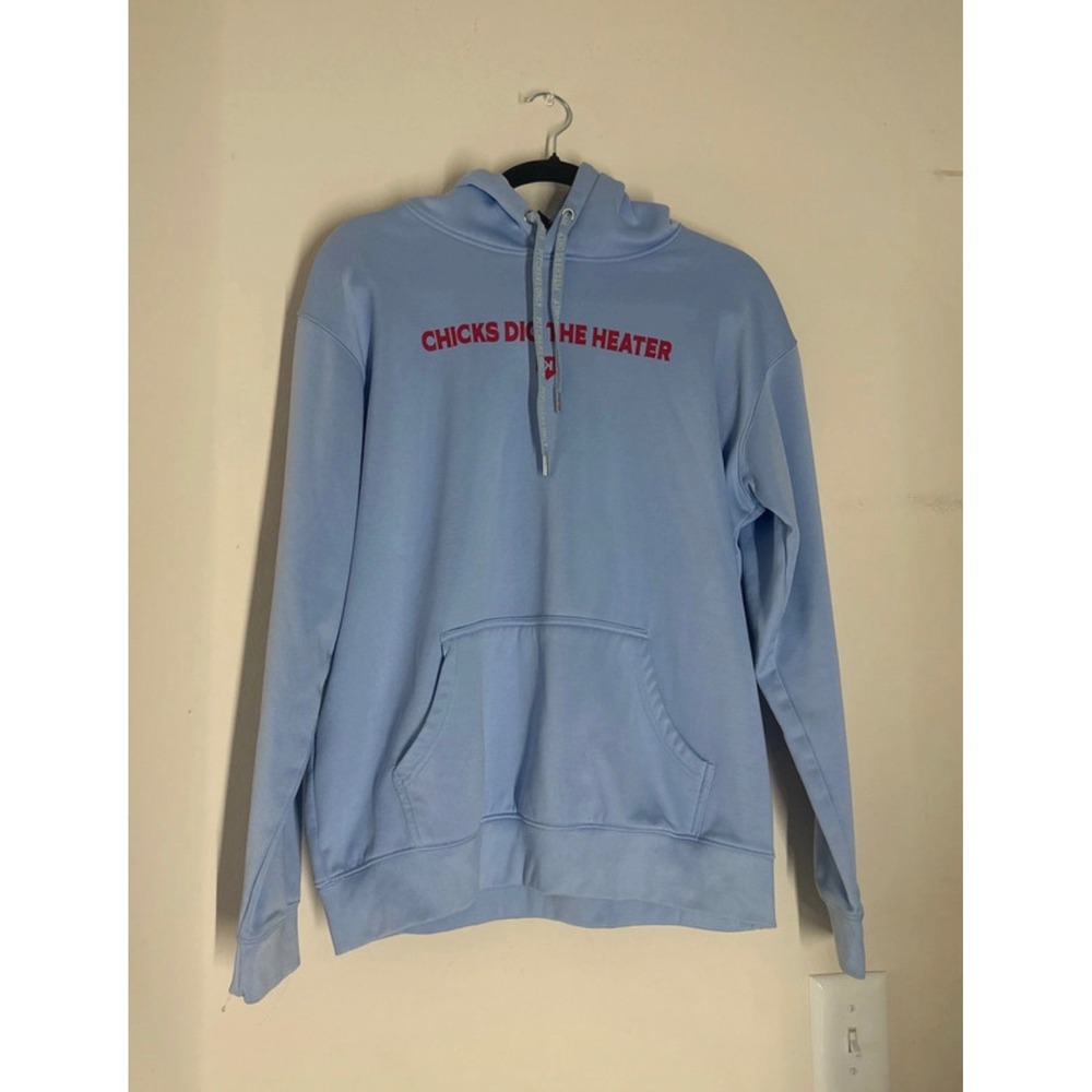 Pitchers Only Chicks Dig The Heater Hoodie Light Blue Baseball Sweatshirt Medium